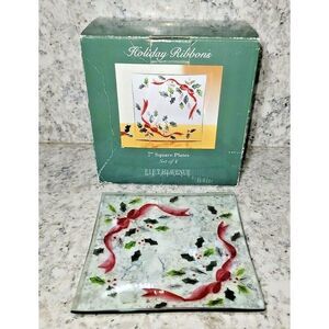 Fifth Avenue Crystal Set Of 4- 7” Holiday‎ Ribbon & Holly Dessert Plates Square